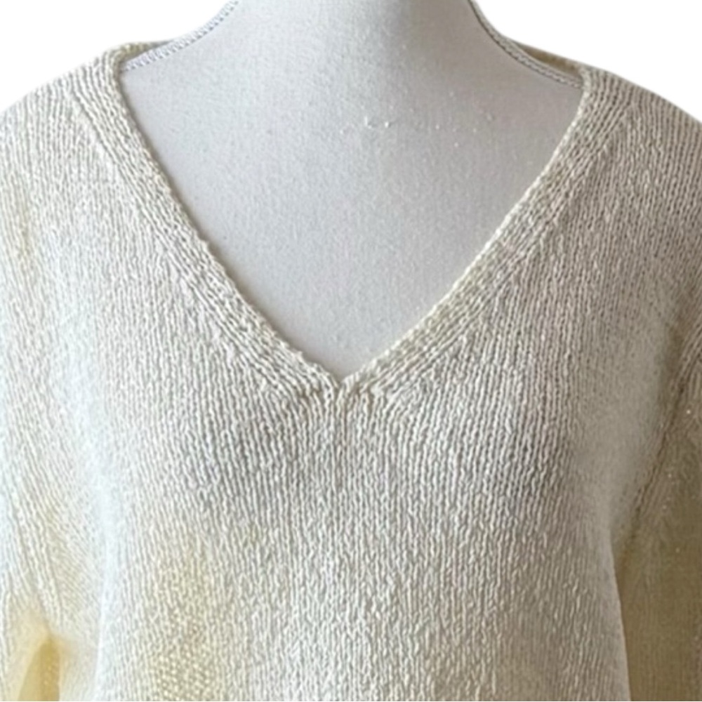 August Silk V Neck Sweater Womens Large Cream Textured Knit Pullover Soft